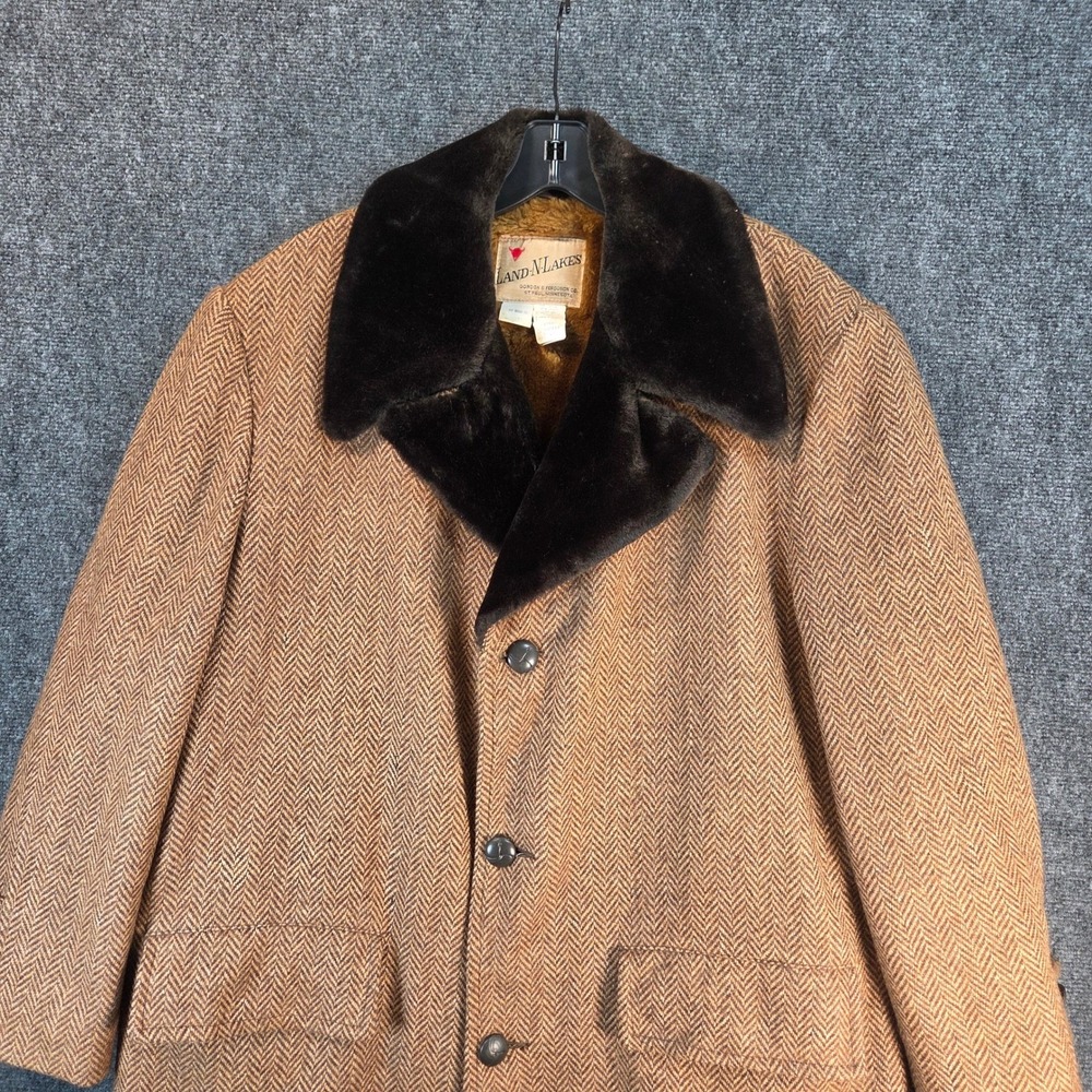 Vintage Wool Herringbone Coat Faux Fur Lined Western‎ Ranch Barn Jacket Size 44 - Picture 4 of 16